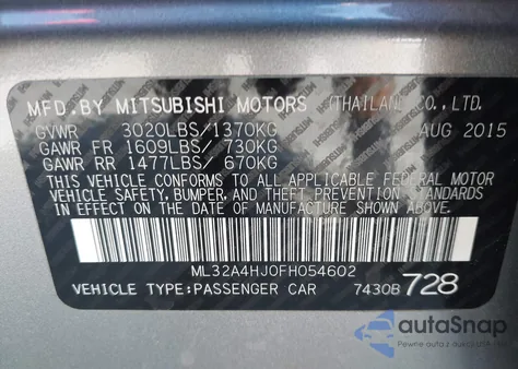 2015 Mitsubishi Mirage Es from USA, damaged, VIN ML32A4HJ0FH054602